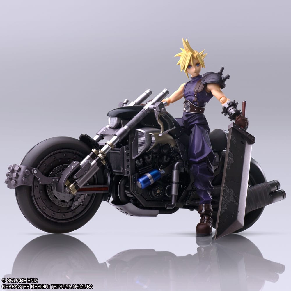 Set Bring Arts de Cloud Strife con la moto Hardy-Daytona en pose dinámica – Final Fantasy VII