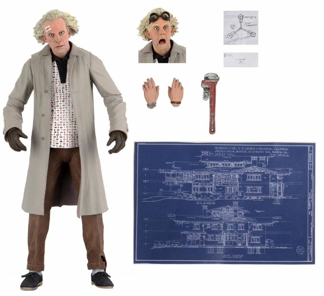 Figura Ultimate de Doc Brown de Regreso al Futuro fabricada por NECA, con cabezas y manos intercambiables, accesorios y planos.