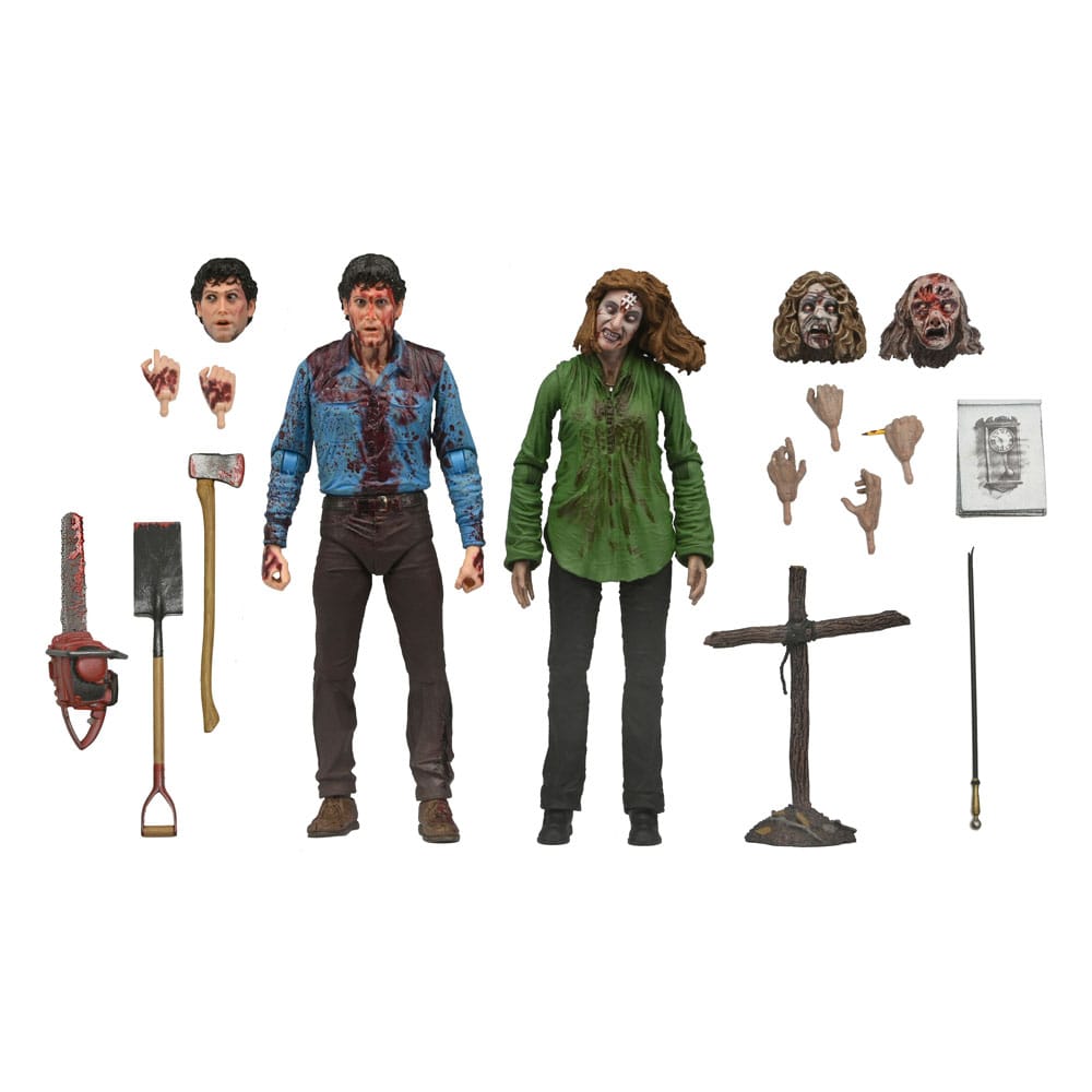 Detalle de accesorios del pack NECA Evil Dead – cabezas, hacha, libro, linterna y base.