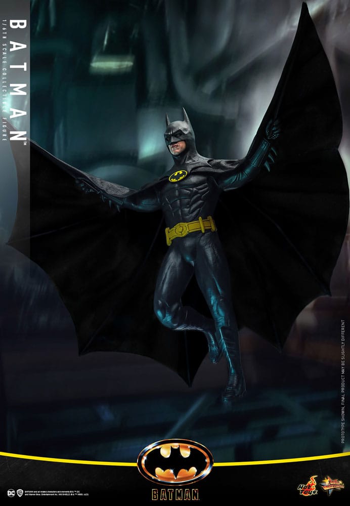 Figura Batman 1989 Hot Toys en pose de vuelo con capa desplegada
