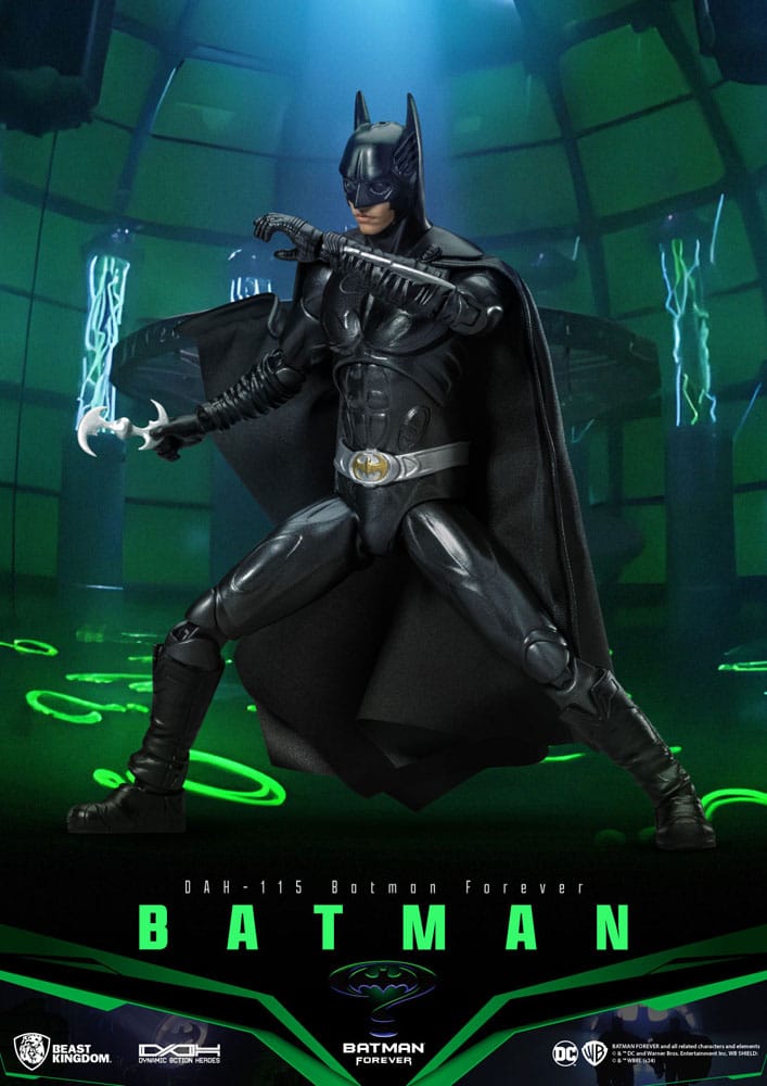 Caja ilustrada con estética neón verde y accesorios clásicos de Batman Forever