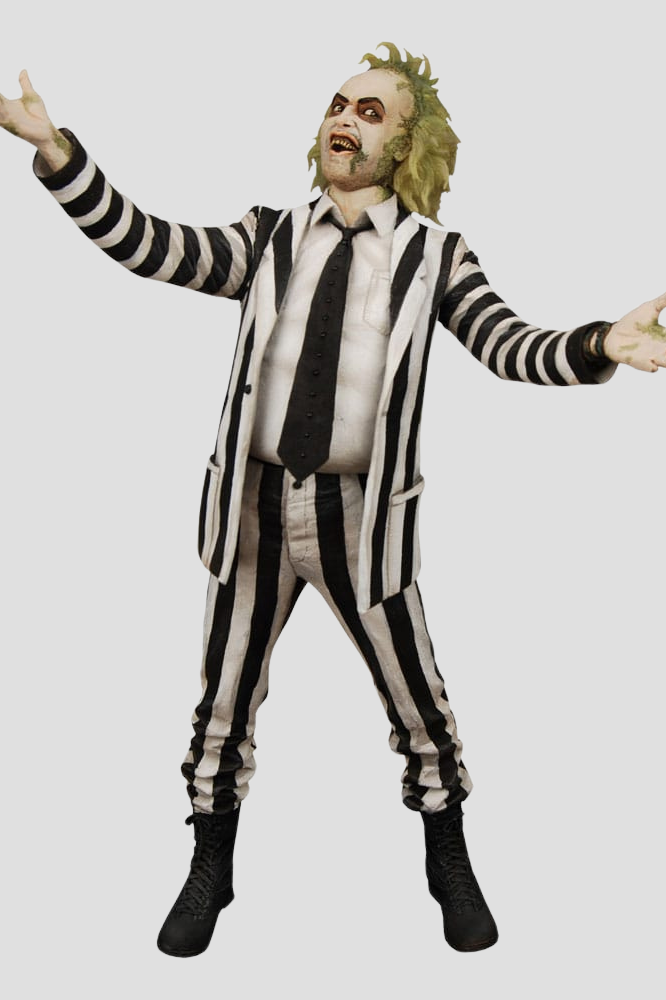 Figura Beetlejuice 1988 de NECA en escala 1/4 con traje de rayas blancas y negras.