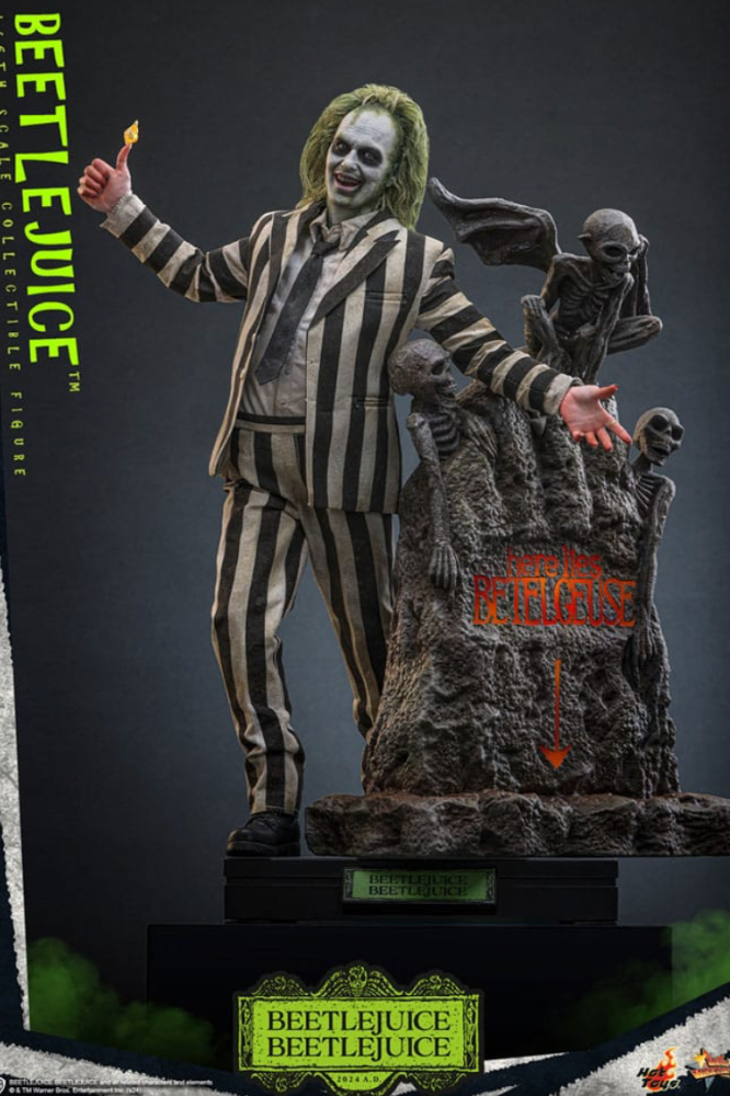Figura Hot Toys de Beetlejuice a escala 1/6 con traje a rayas y expresión característica