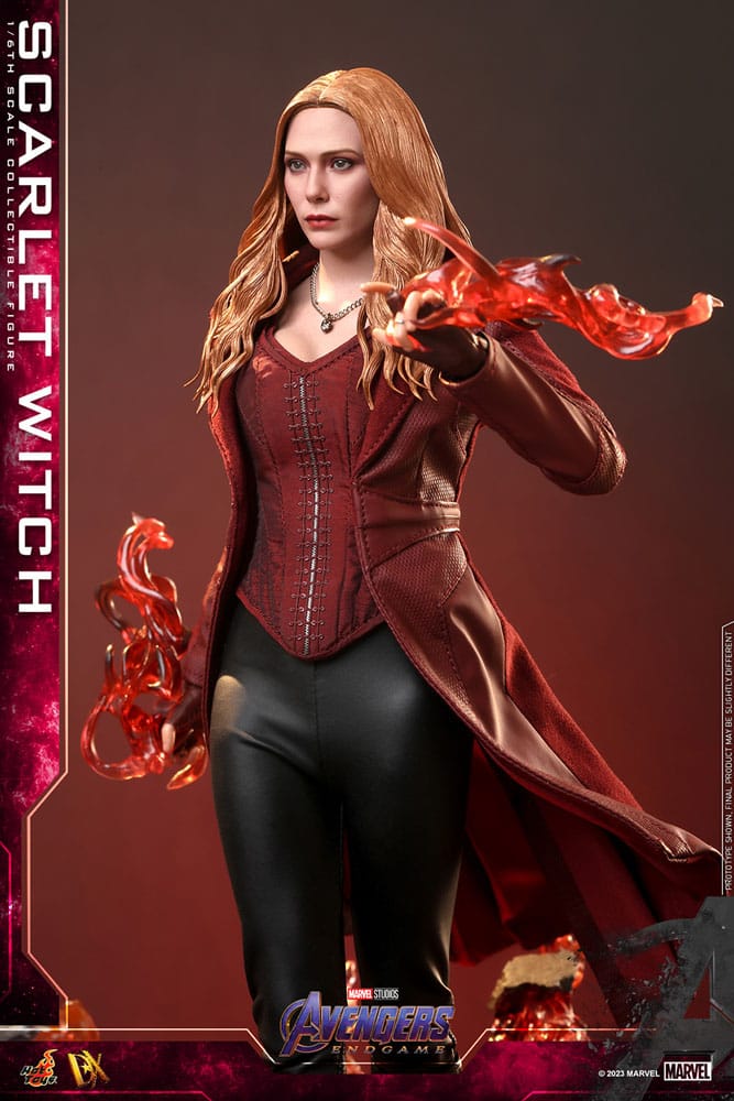 Esculpido realista de Scarlet Witch con ojos móviles y efecto luminoso reflejante Hot Toys 1/6.