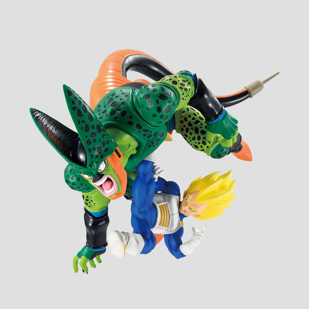 Figura oficial Banpresto con Cell aplastando a Vegeta en Dragon History II.