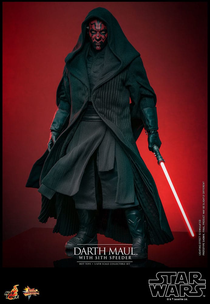 Primer plano de Darth Maul con rostro detallado y pintura roja – Hot Toys