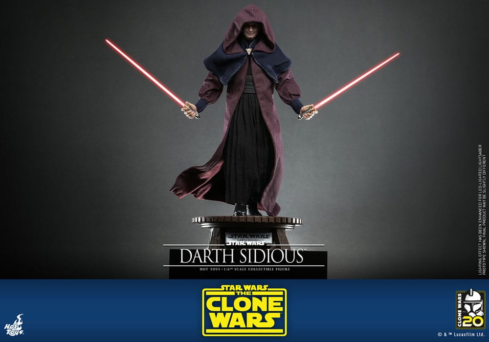 Accesorios de la figura Darth Sidious Hot Toys con sables de luz LED y efectos de rayos Sith.
