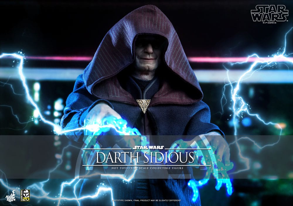 Esculpido realista de Darth Sidious con sistema de ojos móviles en la figura Hot Toys 1/6 The Clone Wars.