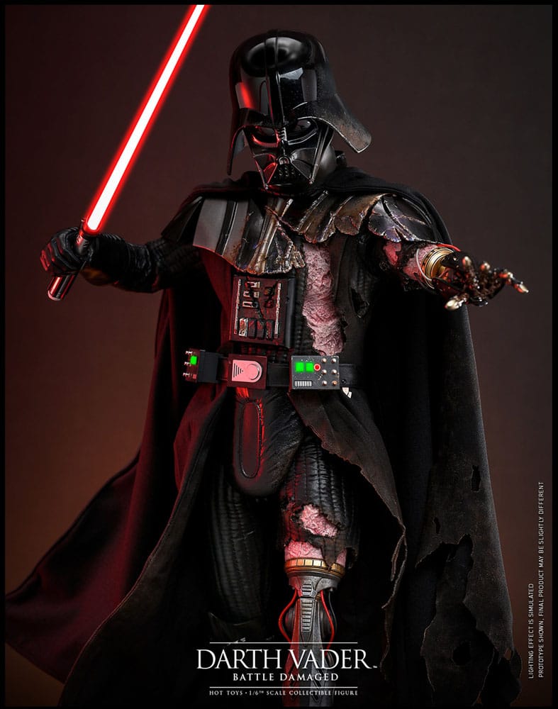 Primer plano del rostro de Anakin en versión Darth Vader dañado