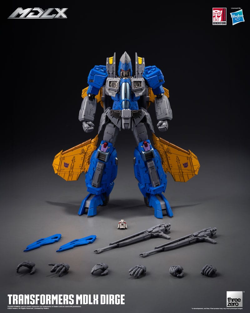 Transformers MDLX Dirge de 20 cm con alas amarillas – vista lateral y pose dinámica.