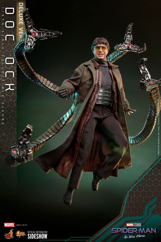 Doc Ock Deluxe con base luminosa y accesorios sobre fondo verde.