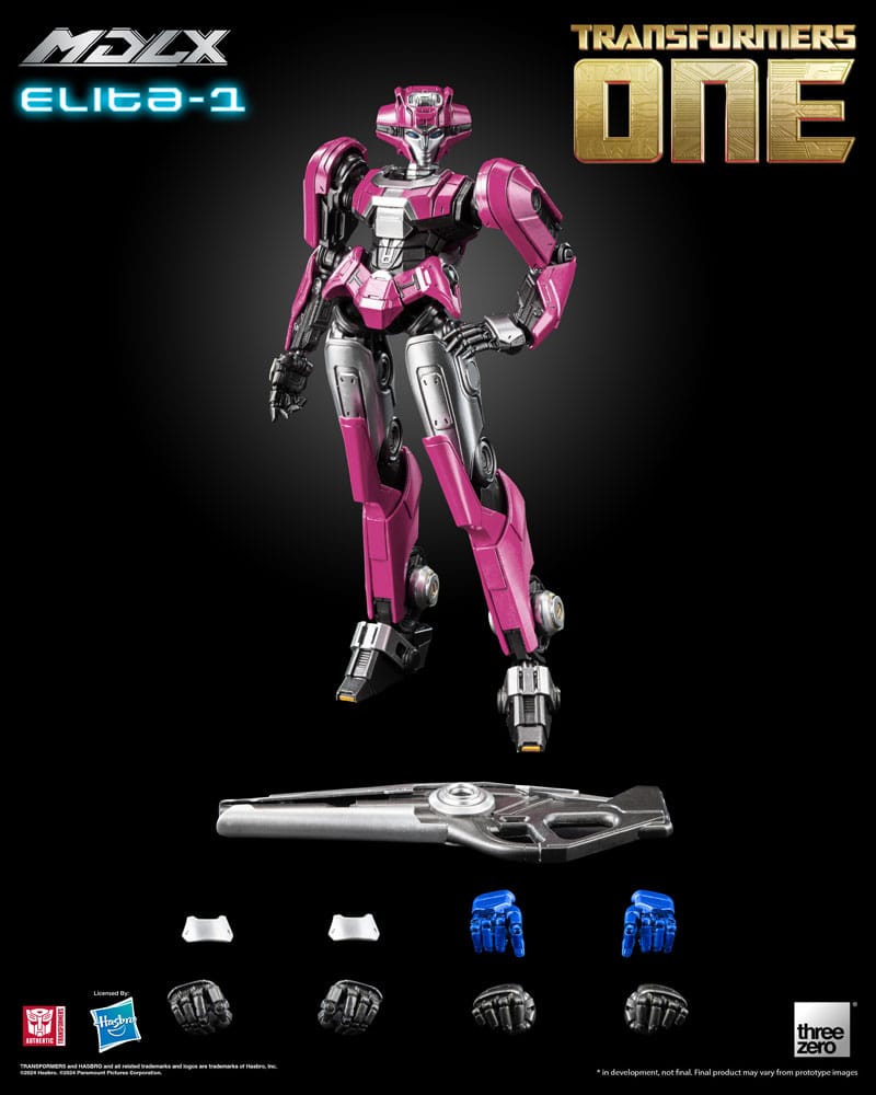 Vista completa de la figura Elita-1 MDLX junto a sus accesorios y manos intercambiables.