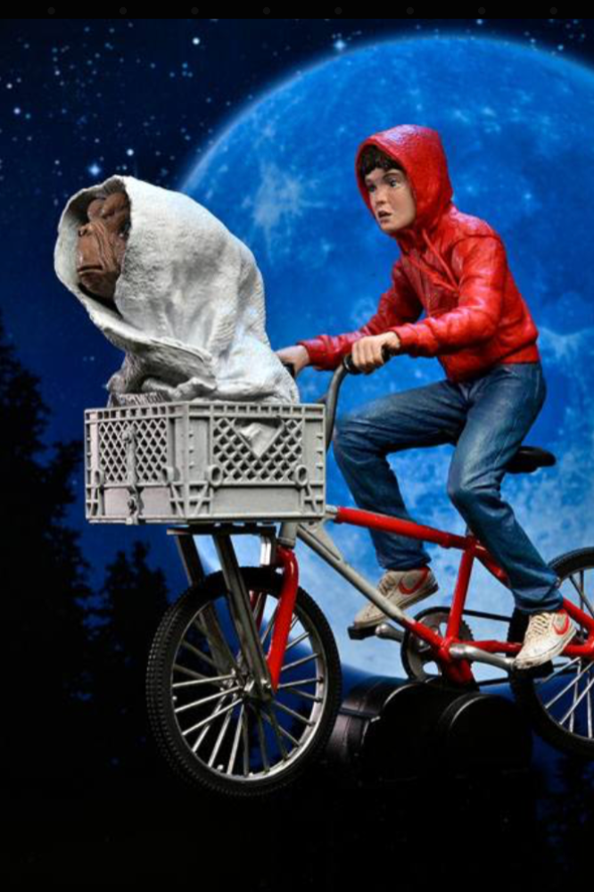 Figura diorama NECA Elliott y E.T. en bicicleta 13 cm con fondo de luna.