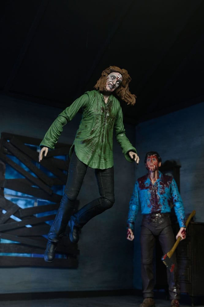 Pack de figuras Evil Dead NECA – Bloody Ash con Cheryl flotando en escena oscura.