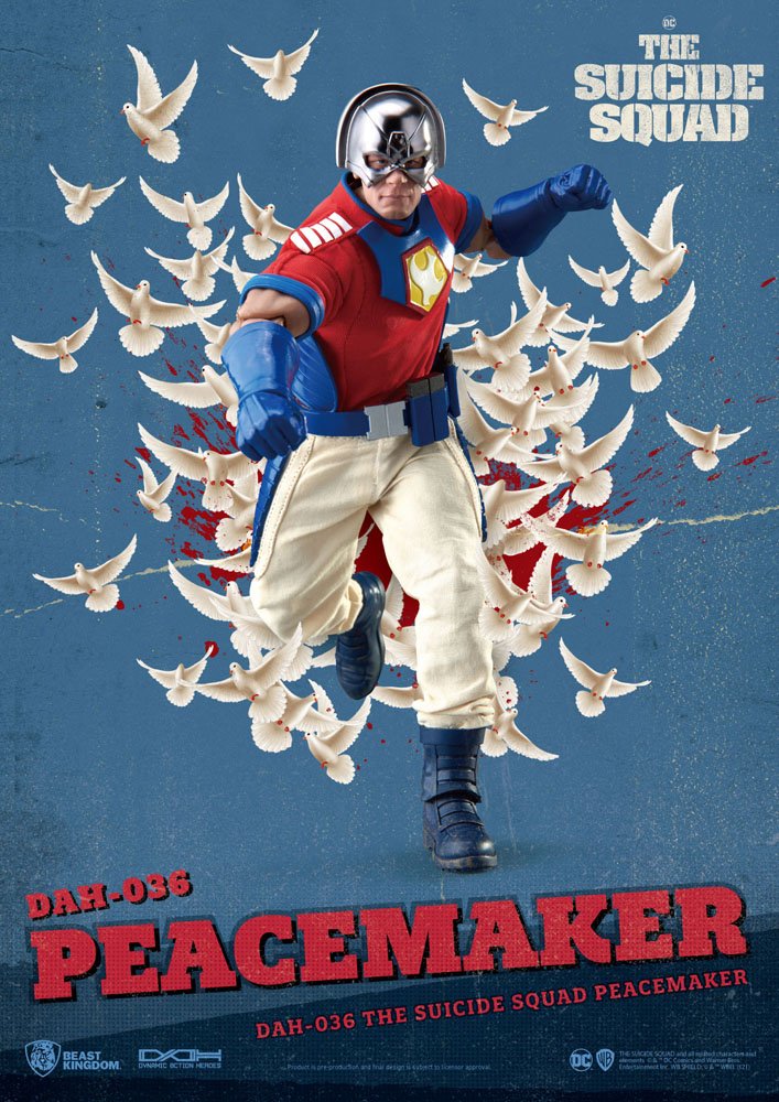 Peacemaker de DC con detalles del traje y múltiples accesorios incluidos.