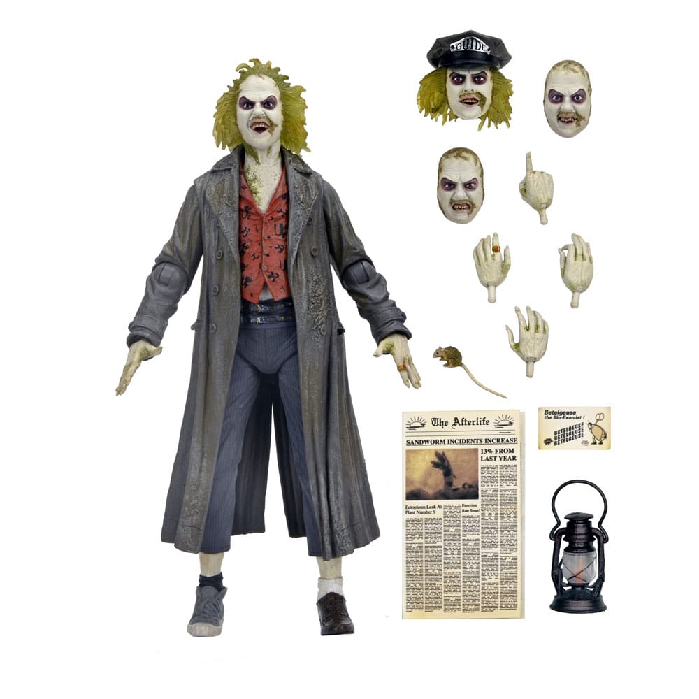 Beetlejuice con periódico y expresión burlona, figura articulada 18 cm.
