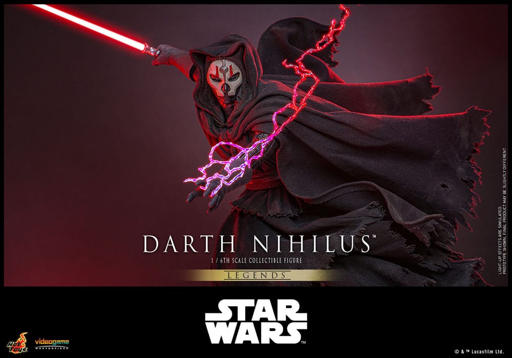 Detalle del rostro enmascarado y capa de tela de la figura Darth Nihilus de Hot Toys – Star Wars coleccionista