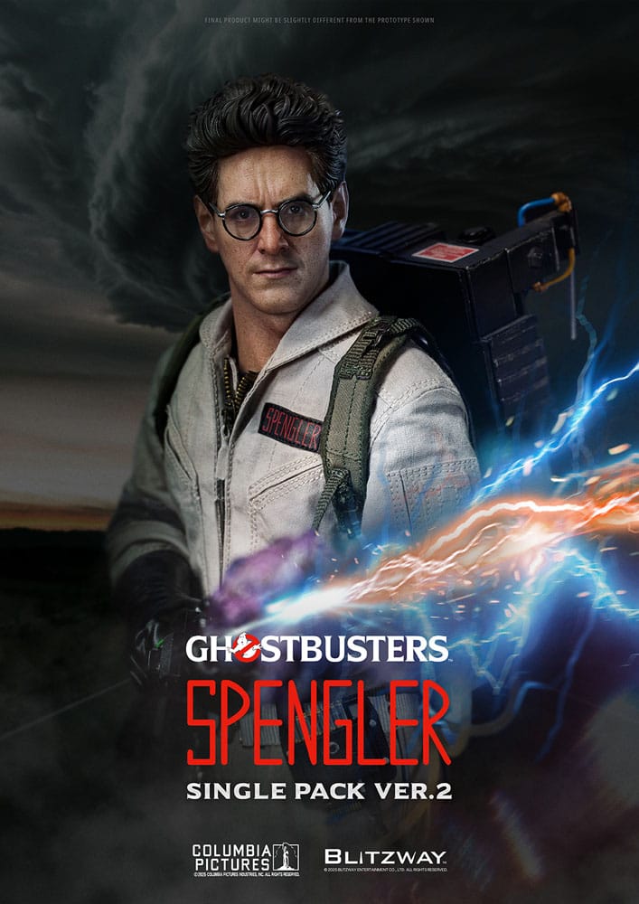 Caja del producto y pose con efectos especiales de Egon Spengler Ver. 2, figura de Blitzway.
