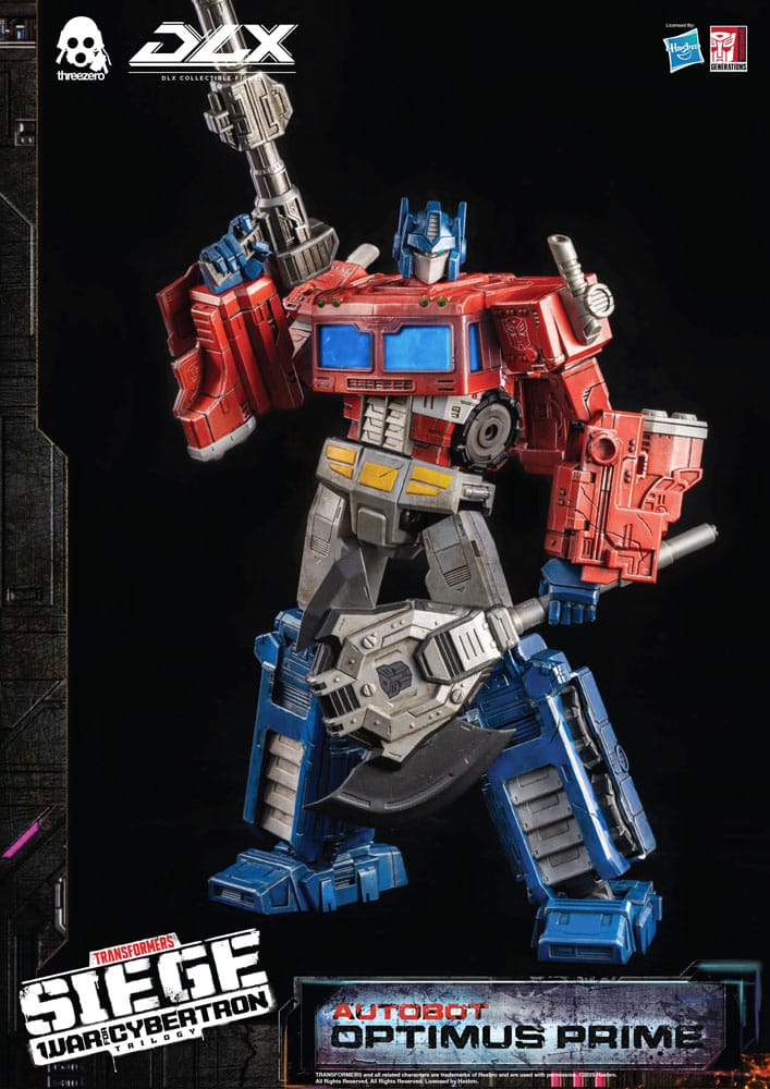 Detalle de la figura articulada Optimus Prime de Threezero con accesorios