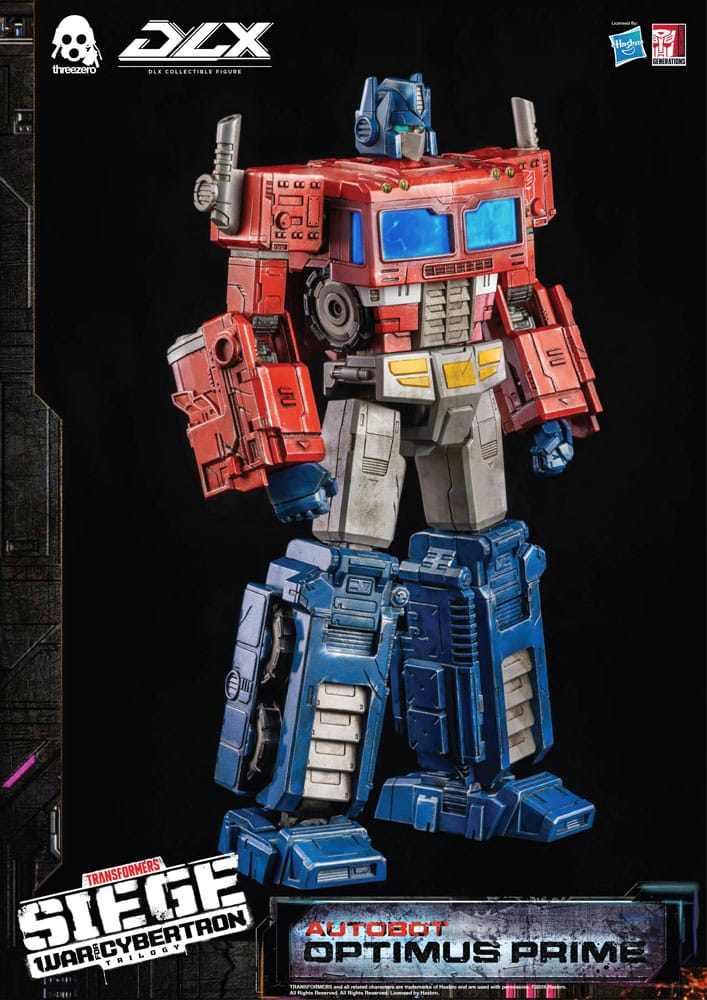 Detalle de la figura articulada Optimus Prime de Threezero con accesorios