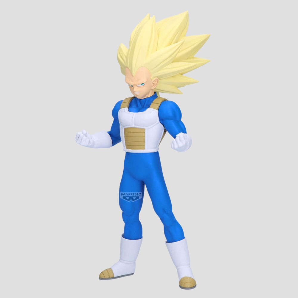 Vista frontal completa de la figura Vegeta con traje azul y dorado
