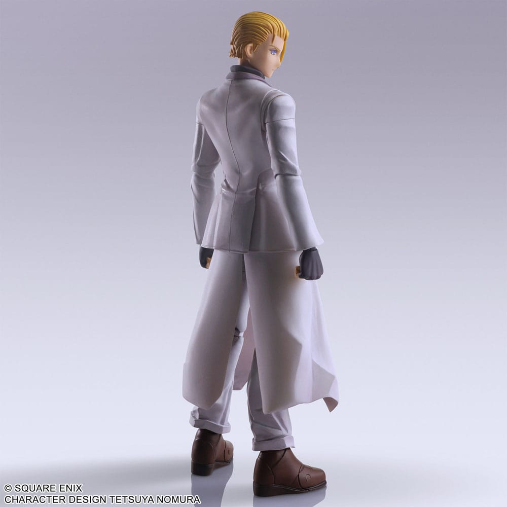 Figura articulada Rufus Shinra Final Fantasy VII con accesorios y detalles del traje.