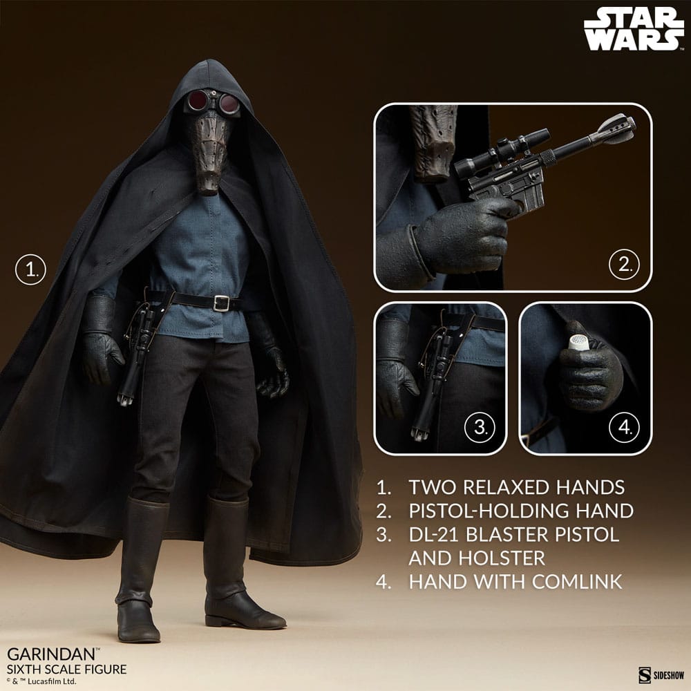 Detalle de la ropa y postura de la figura Garindan Star Wars escala 1/6 – edición Scum & Villainy.
