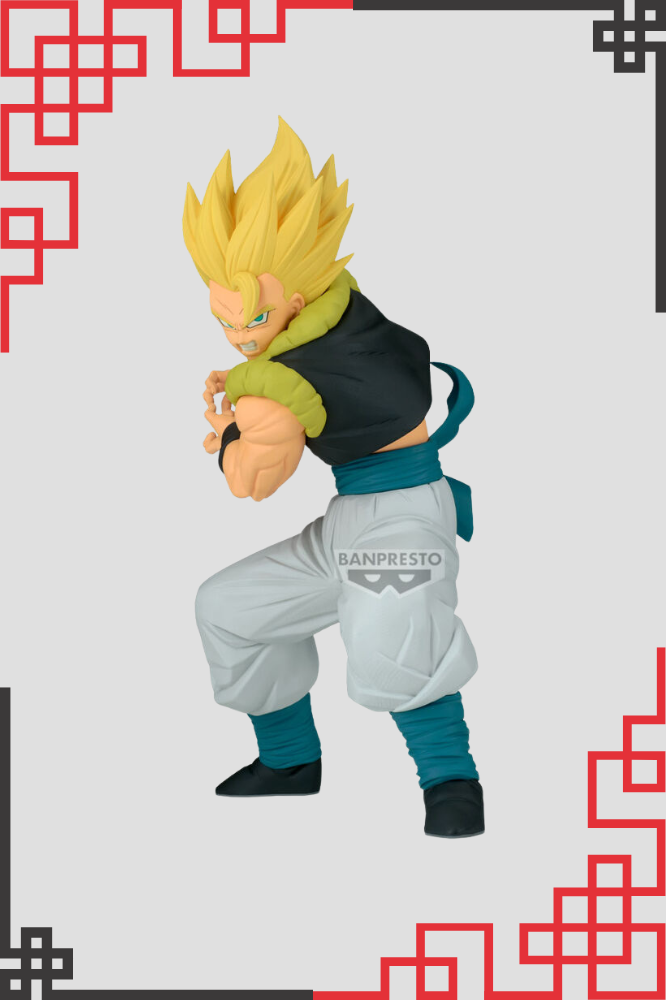 Figura Gogeta Grandista Dragon Ball Super vista frontal, transformación Super Saiyan, Banpresto.