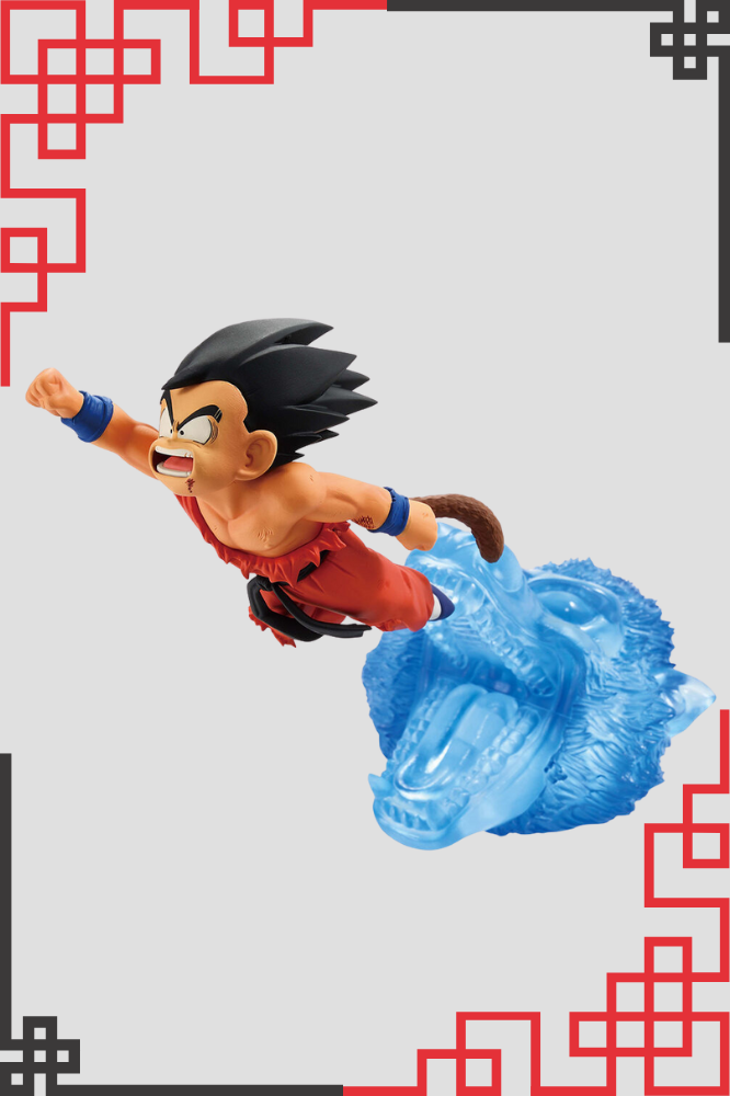 Figura de Goku joven en pleno vuelo con base de energía azul translúcida.
