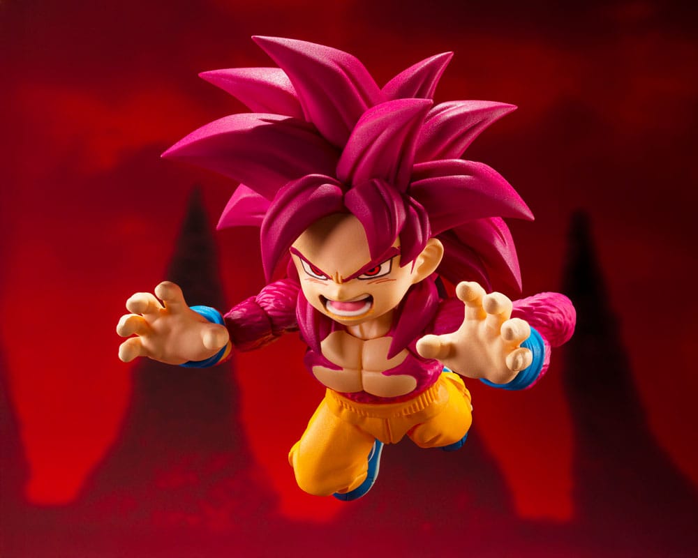 Goku SSJ4 mini figura articulada en pose de combate – Tamashii Nations.