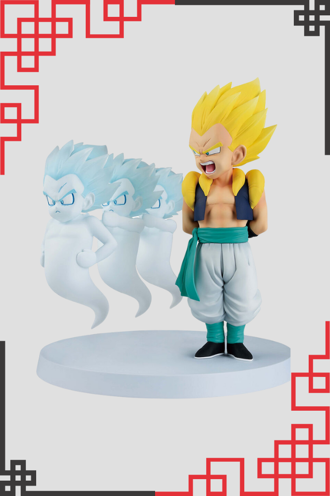 Figura de Gotenks Super Saiyan con clon fantasma en base blanca estilo nube.