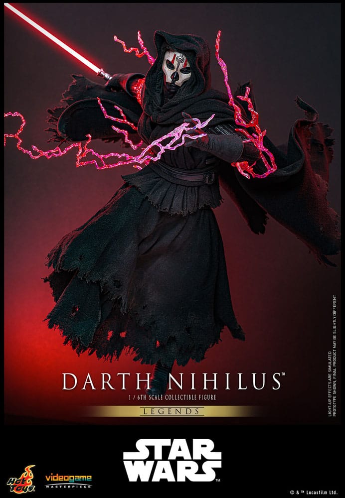 Darth Nihilus con sable rojo en pose de combate, figura articulada 1/6 de Hot Toys basada en KOTOR II