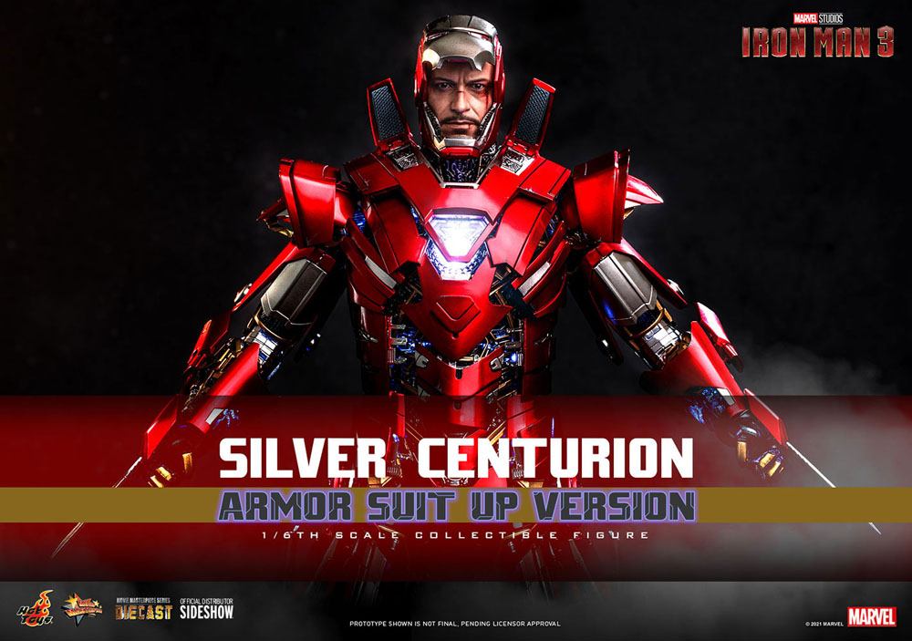 Vista completa de los accesorios desmontables de la armadura Silver Centurion – Iron Man Hot Toys