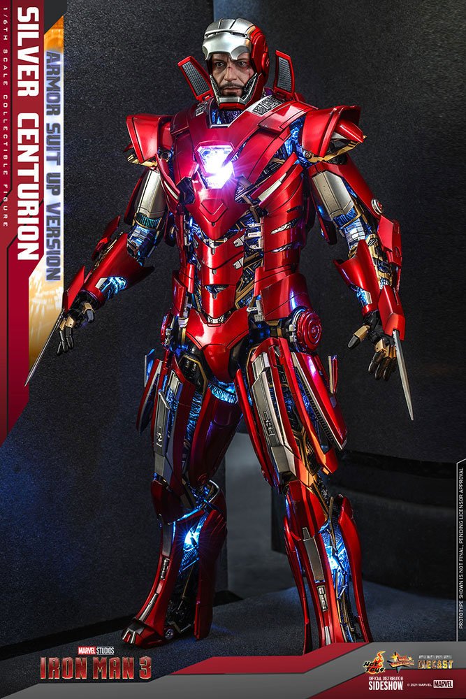 Primer plano del rostro de Tony Stark sin casco – Figura 1/6 Silver Centurion Hot Toys