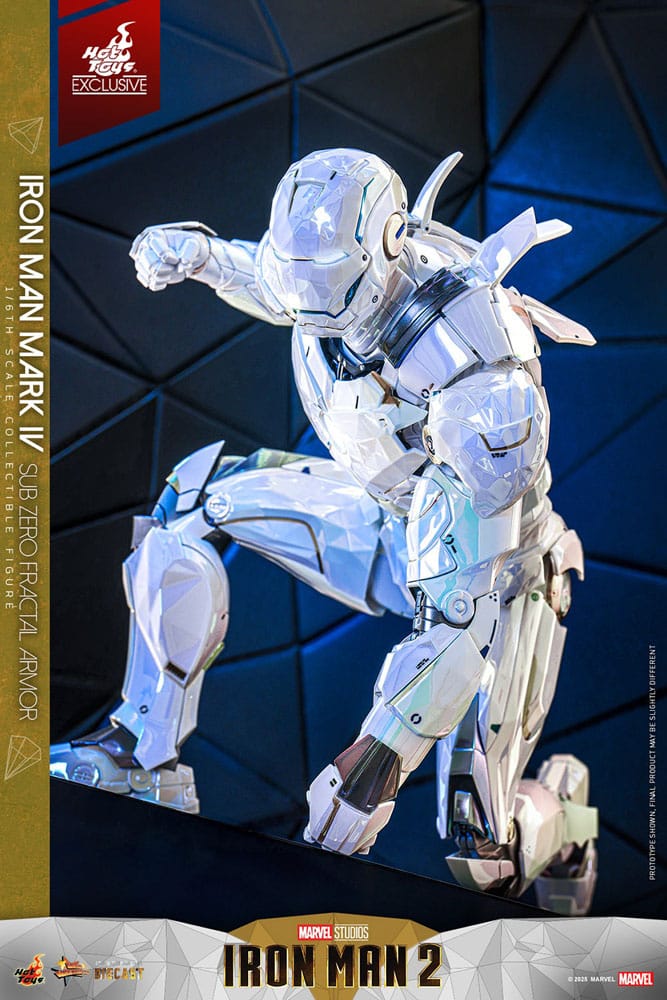 Figura Iron Man Sub-Zero Hot Toys con acabado metálico azul y base iluminada.