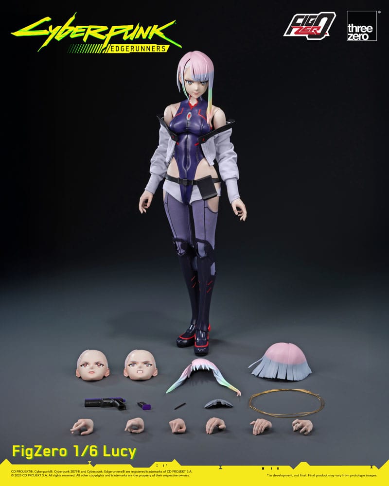 Vista completa de la figura articulada Lucy de Cyberpunk con accesorios, rostros y cabello extra.