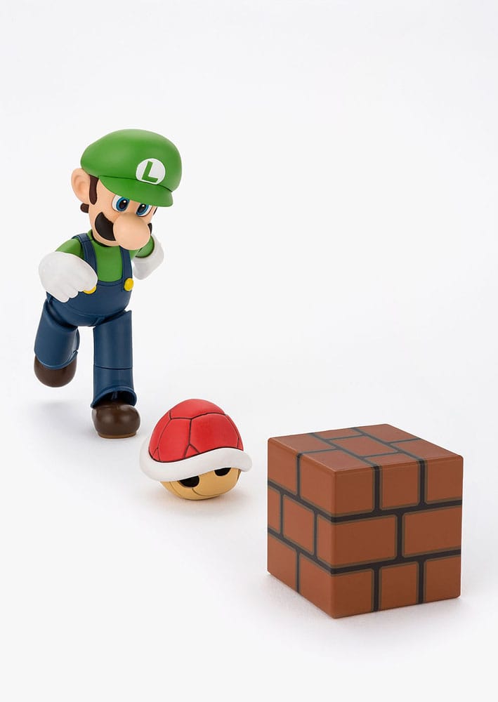 Vista lateral de la figura Luigi articulada S.H. Figuarts, ideal para coleccionistas Nintendo.