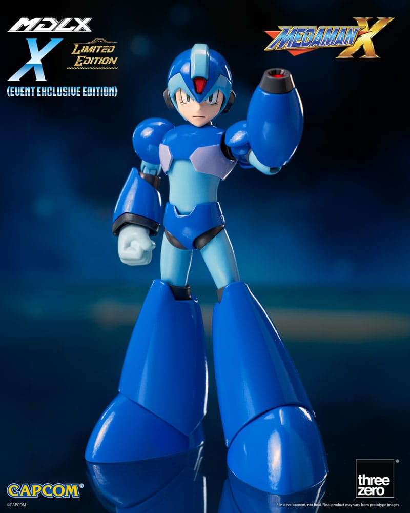 Mega Man X en pose de acción con efecto de disparo y acabado metálico