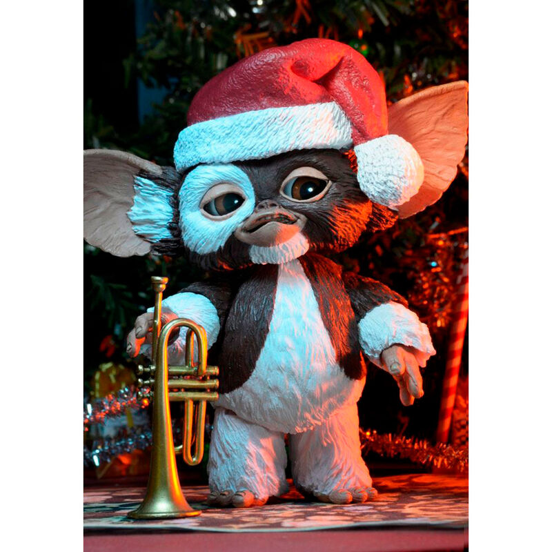 Gizmo edición navideña NECA con arco, gorro y accesorios clásicos