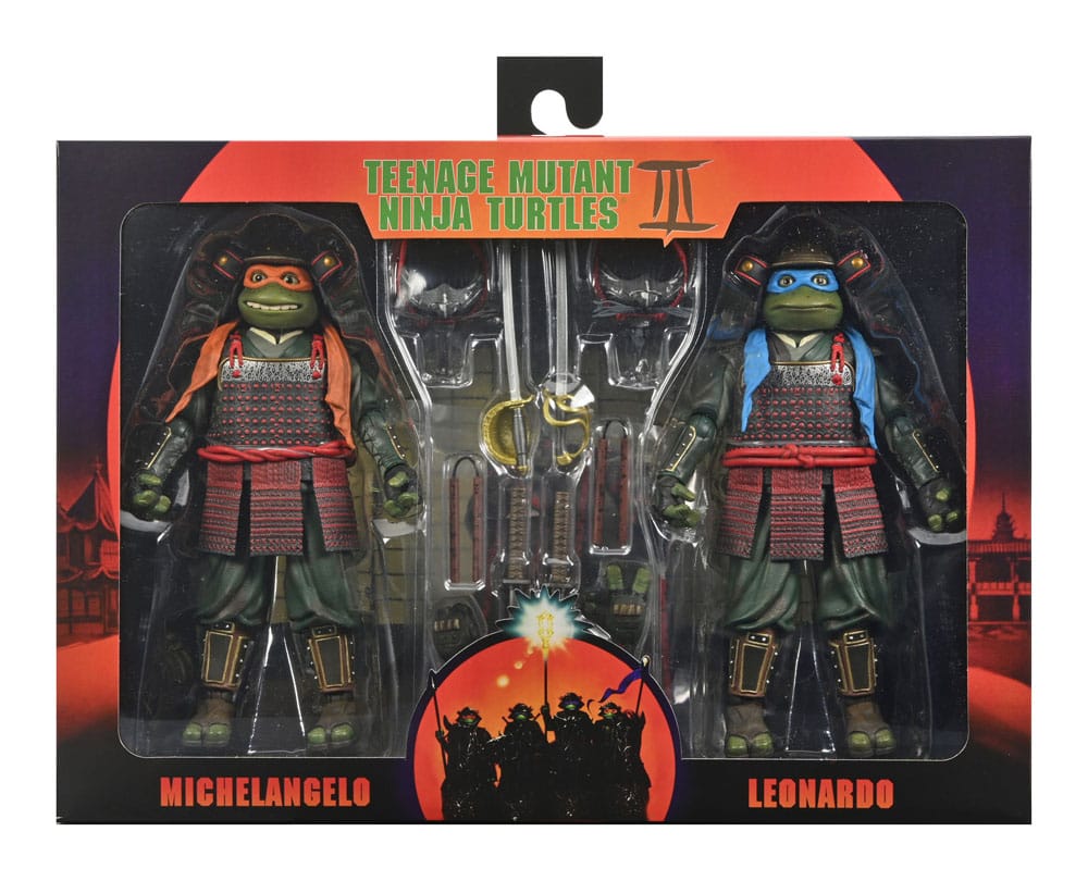 Vista del pack completo en su caja de arte con ventana pack leonardo michelangelo tmnt iii neca figuras 18cm.