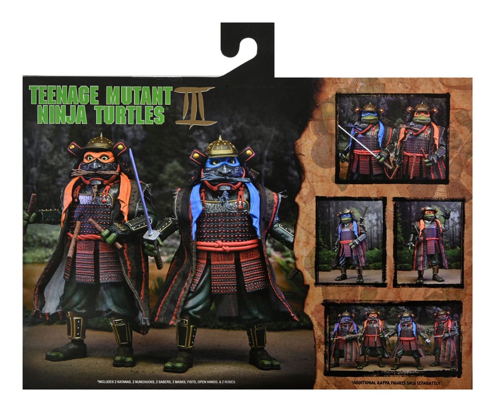 Vista trasera del pack en su caja de arte con ventana pack leonardo michelangelo tmnt iii neca figuras 18cm.