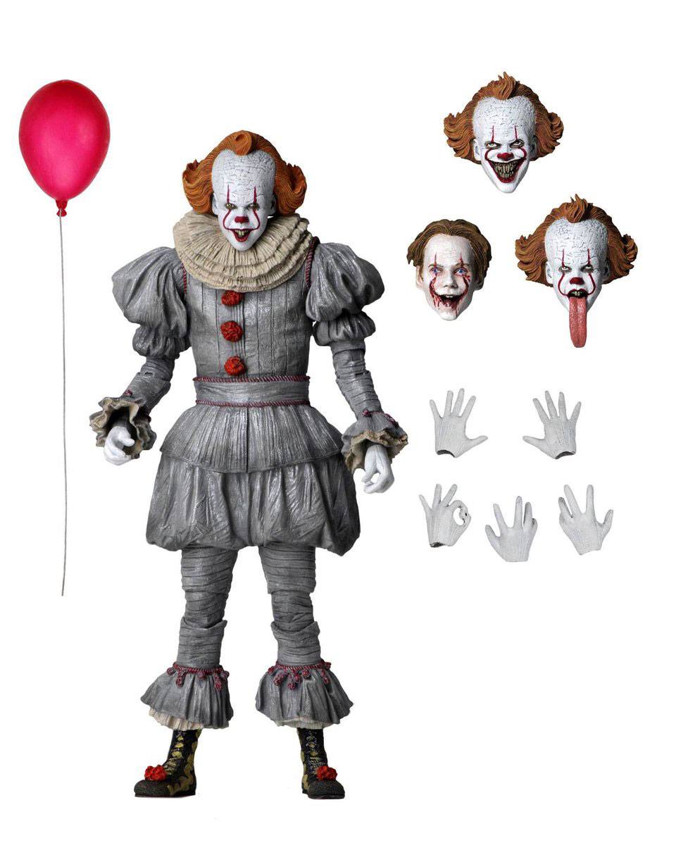 Pennywise NECA IT Capítulo 2 figura articulada con cabezas intercambiables.