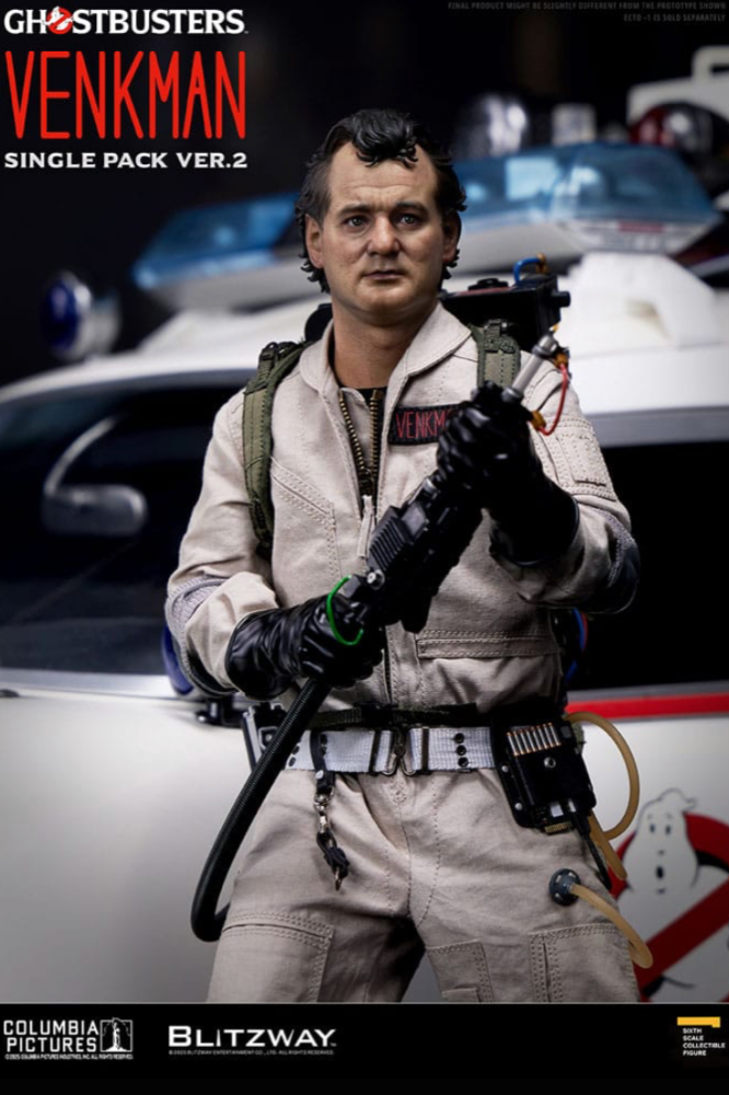 Figura articulada Peter Venkman Blitzway escala 1/6 de Los Cazafantasmas, con mochila de protones y expresión realista.