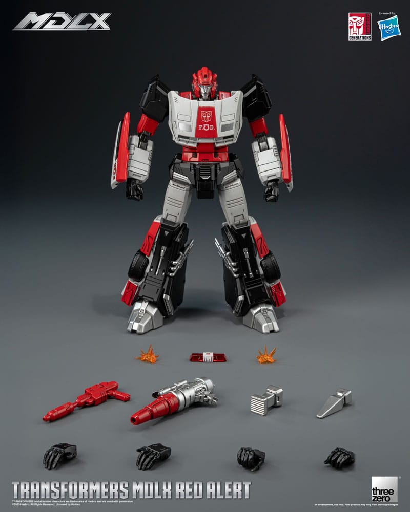 Figura articulada Red Alert con accesorios, cañones y diseño estilizado.
