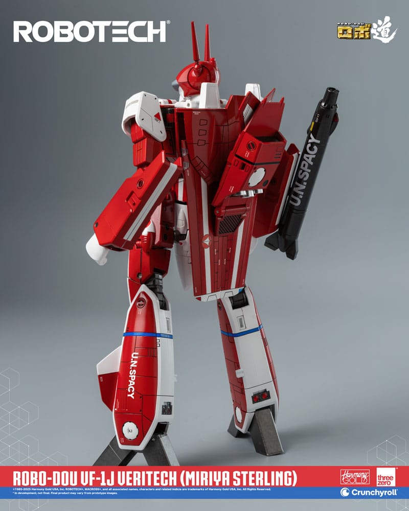 Detalle de la figura ROBO-DOU VF-1J en modo Battloid, con acabado premium, rifle UN SPACY y expresión heroica.