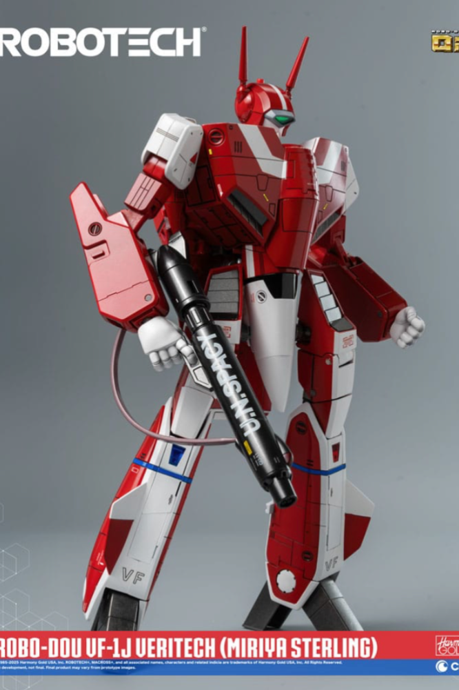 Figura ROBO-DOU VF-1J Veritech de Miriya Sterling (Robotech) completamente equipada con base y accesorios, vista frontal.