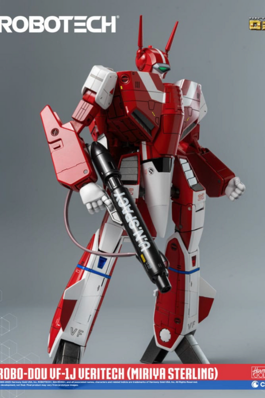 Figura ROBO-DOU VF-1J Veritech de Miriya Sterling (Robotech) completamente equipada con base y accesorios, vista frontal.
