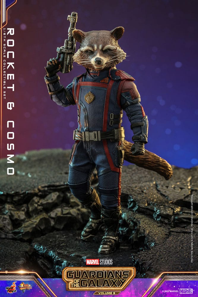 Hot Toys Rocket y Cosmo sobre base lunar, edición Movie Masterpiece Marvel.
