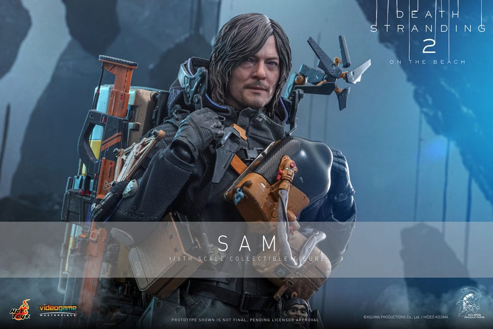 Primer plano del rostro de Sam (Norman Reedus) en figura de Hot Toys con sistema de ojos móviles y alto nivel de detalle.