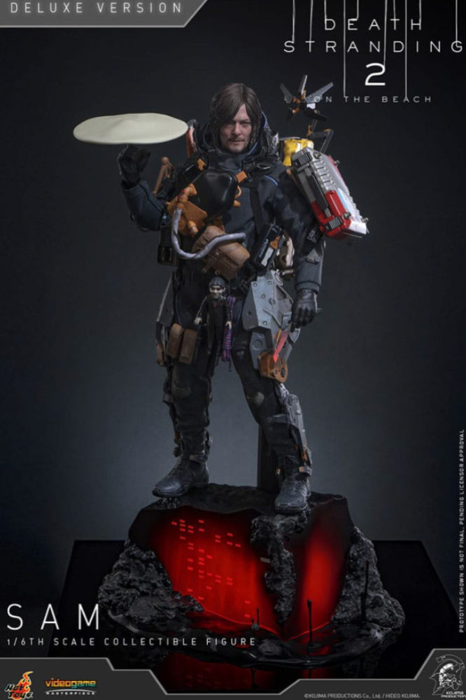 Figura Sam Death Stranding 2 Deluxe de Hot Toys vista frontal con base iluminada.